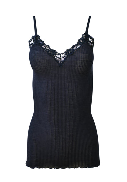 EGI Luxury Wool Silk Camisole Spaghetti Straps with Lace Trim. Proudly Made in Italy.