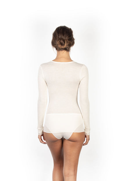 EGi Luxury Wool Silk Long Sleeve Top with Lace Trim. Proudly Made in Italy (1489)