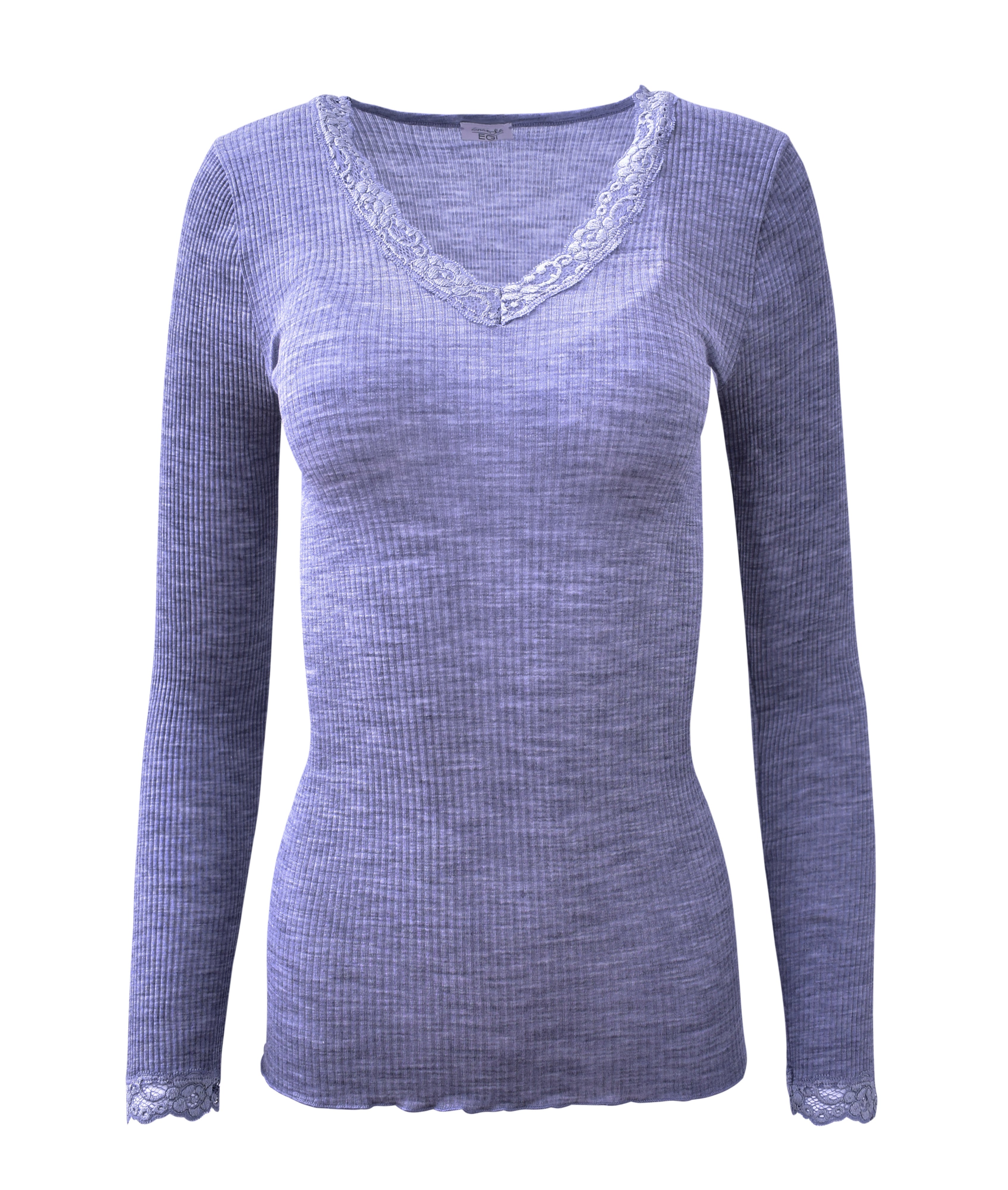 EGi Luxury Wool Silk Long Sleeve Top with Lace Trim. Proudly Made in Italy (1489)