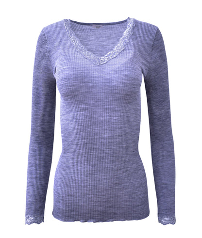 EGi Luxury Wool Silk Long Sleeve Top with Lace Trim. Proudly Made in Italy (1489)