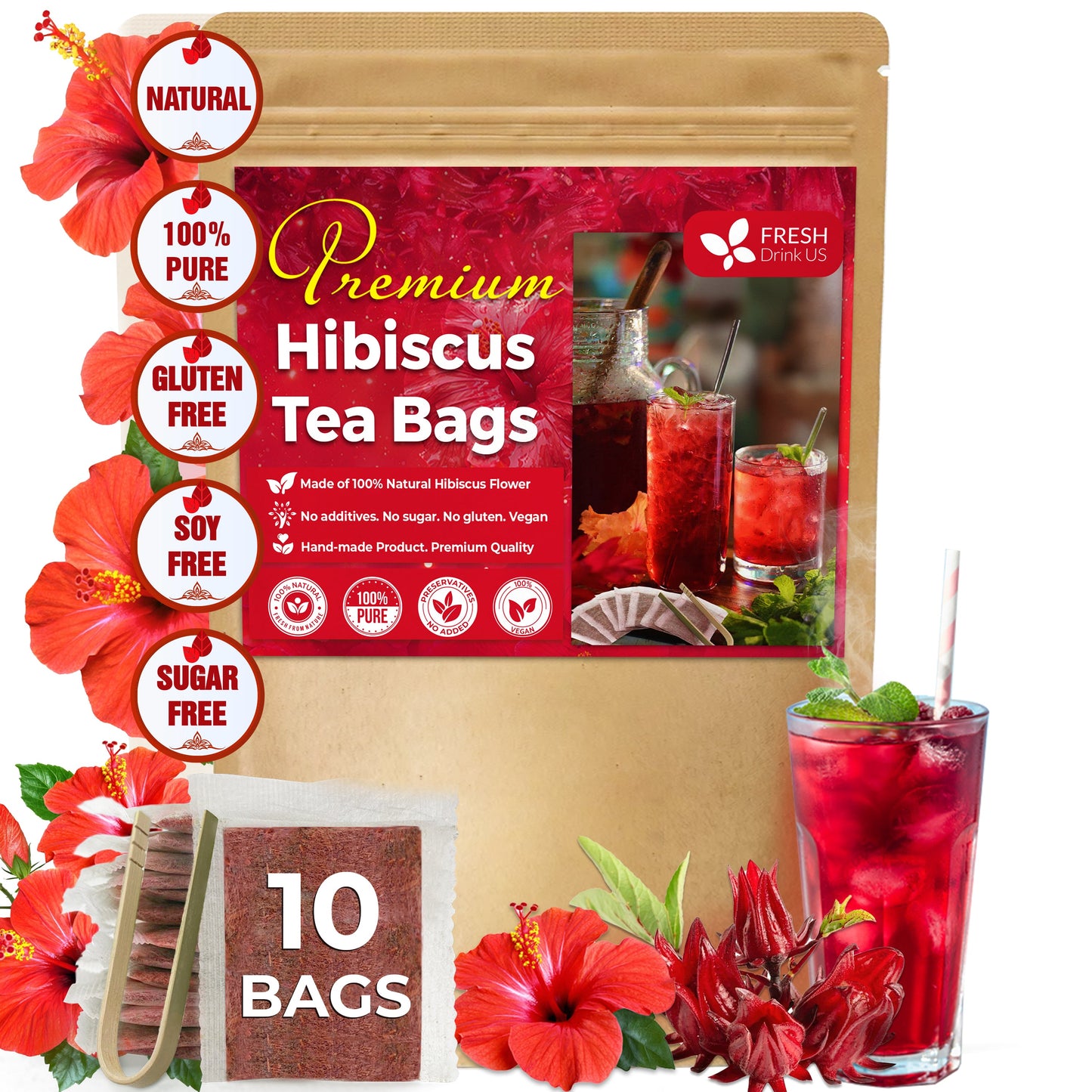 Hibiscus Dried Flowers, Tea Bags, 100% Natural, Pure from Hibiscus Flowers. Loose Flower Hibiscus Herbal Tea. Hibiscus Flower Tea. No Sugar, No Caffeine, No Gluten, Vegan.