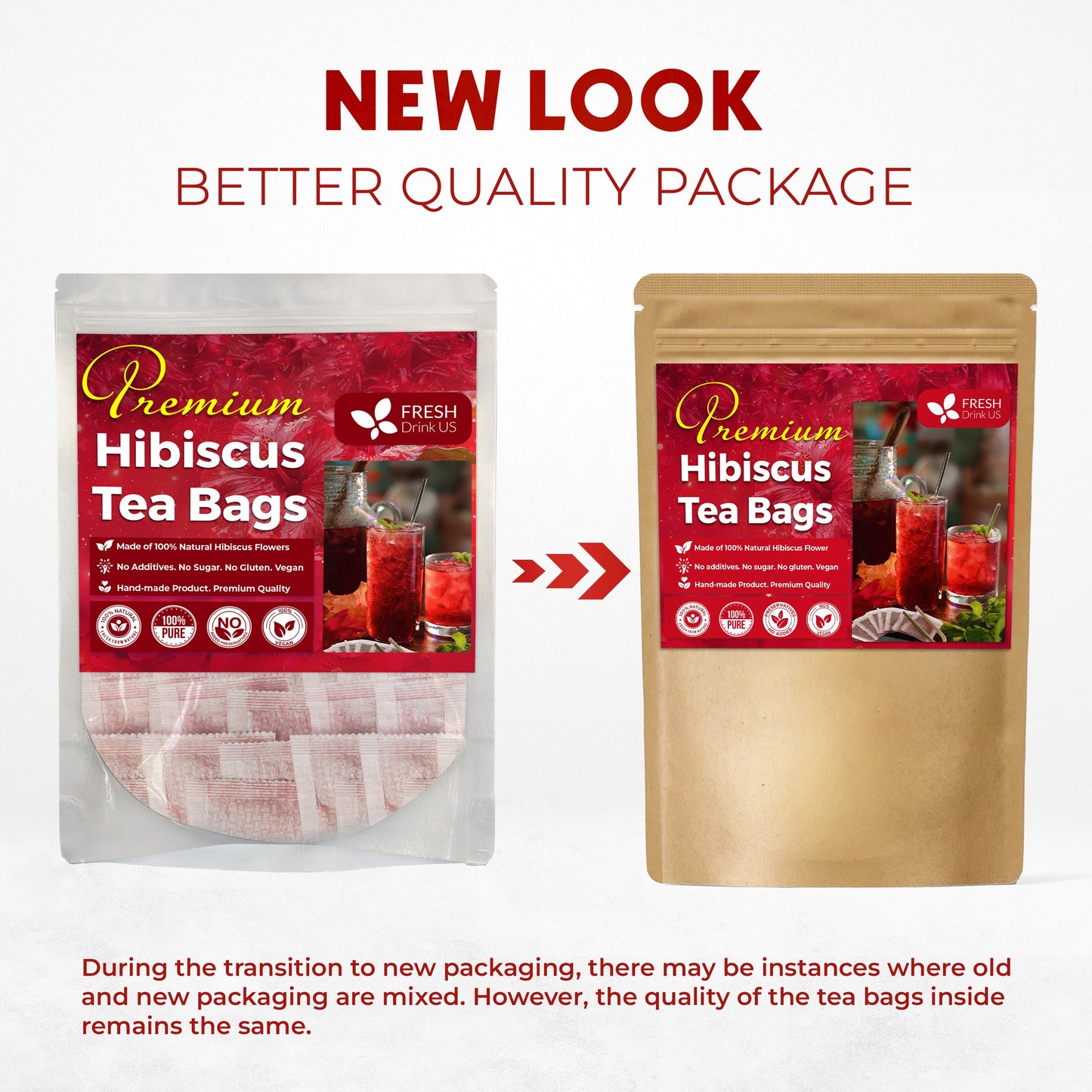 Hibiscus Dried Flowers, Tea Bags, 100% Natural, Pure from Hibiscus Flowers. Loose Flower Hibiscus Herbal Tea. Hibiscus Flower Tea. No Sugar, No Caffeine, No Gluten, Vegan.