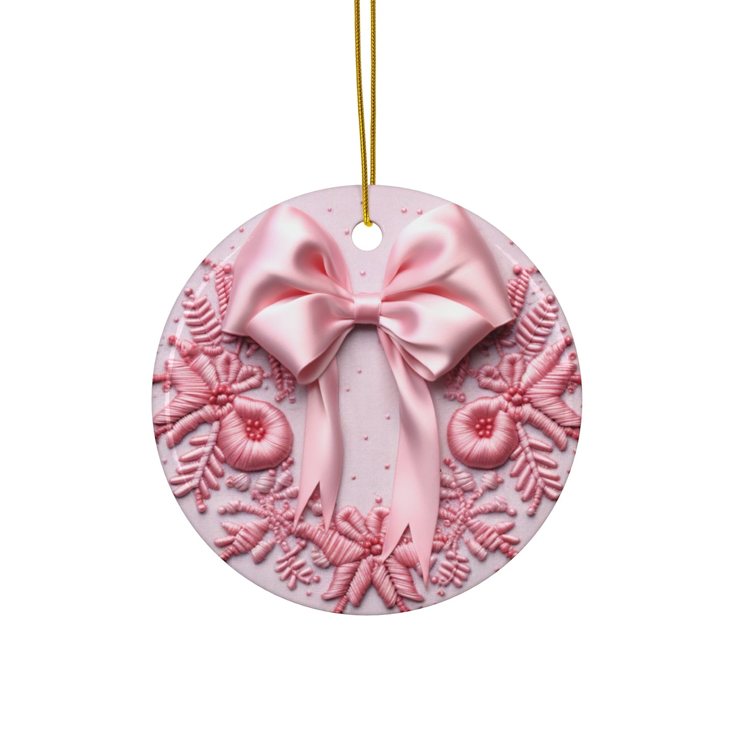 3D Embroidered Pink Christmas Bow Ceramic Ornament