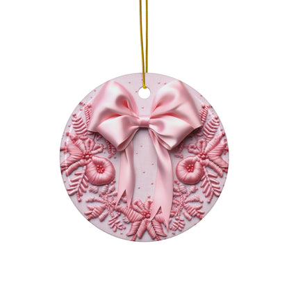 3D Embroidered Pink Christmas Bow Ceramic Ornament
