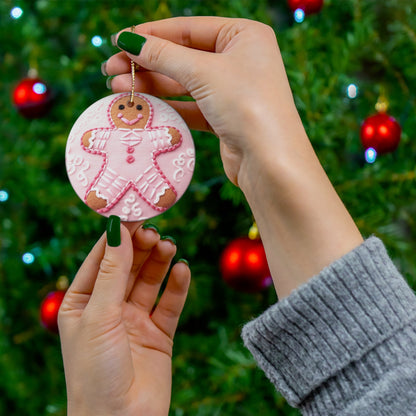 3D Embroidered Pink Christmas Gingerbread #2 Ceramic Ornament