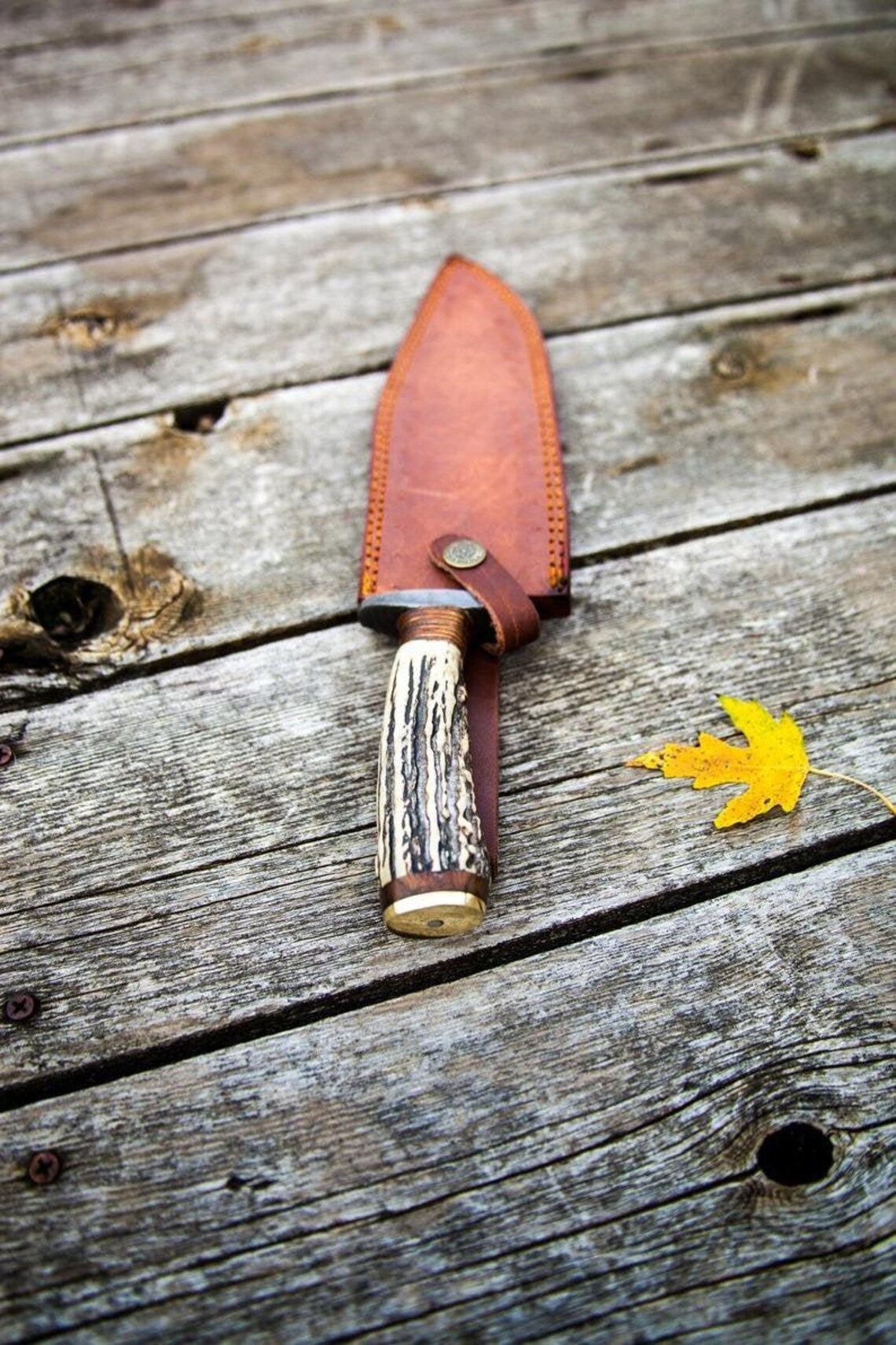 Damascus Steel 1800s Bowie Knife – 15" with Damascus Steel Guard & Stag Horn Handle, Includes Leather Sheath