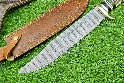 Deluxe Dundee Knife – 16" Handmade Damascus Steel Blade with Brass Guard & Pakkawood or Stag Horn Handle + Leather Sheath