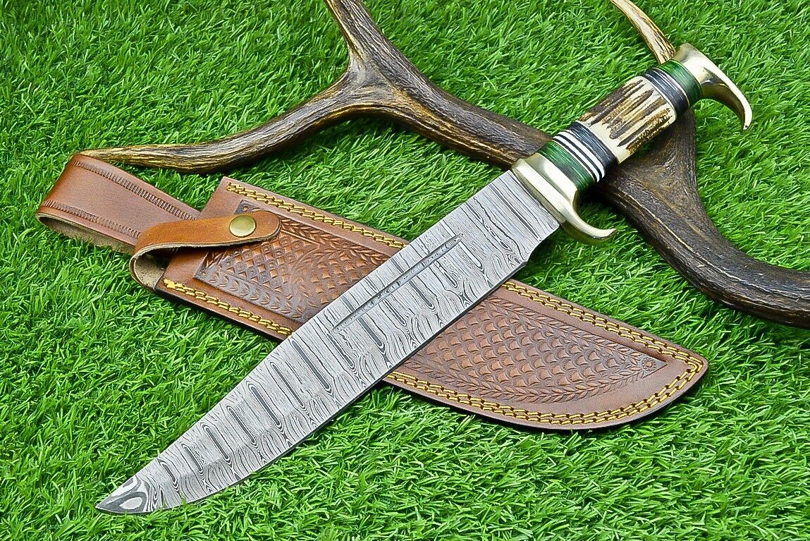 Custom Handmade Damascus Steel Bowie Knife with Stag Horn Handle – 16" Blade with Leather Sheath