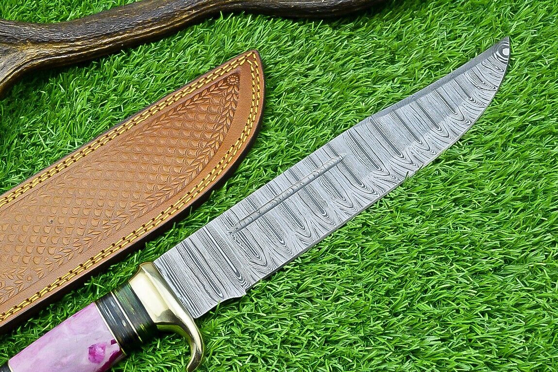 Damascus Steel "The Bowie" Knife - 16" with Brass Guard and Resin Pakkawood Handle, Leather Sheath Included