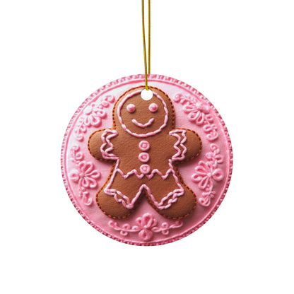 3D Embroidered Pink Christmas Gingerbread Ceramic Ornament