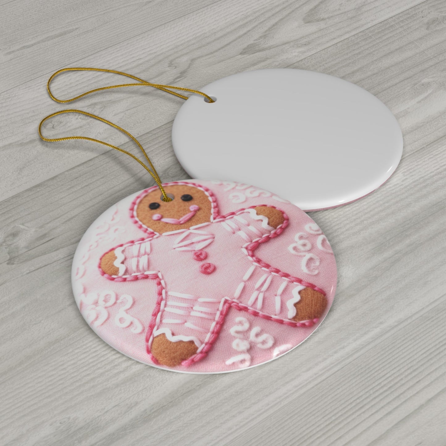 3D Embroidered Pink Christmas Gingerbread #2 Ceramic Ornament