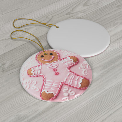 3D Embroidered Pink Christmas Gingerbread #2 Ceramic Ornament