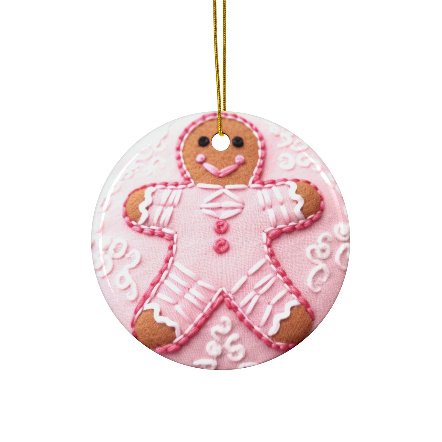 3D Embroidered Pink Christmas Gingerbread #2 Ceramic Ornament