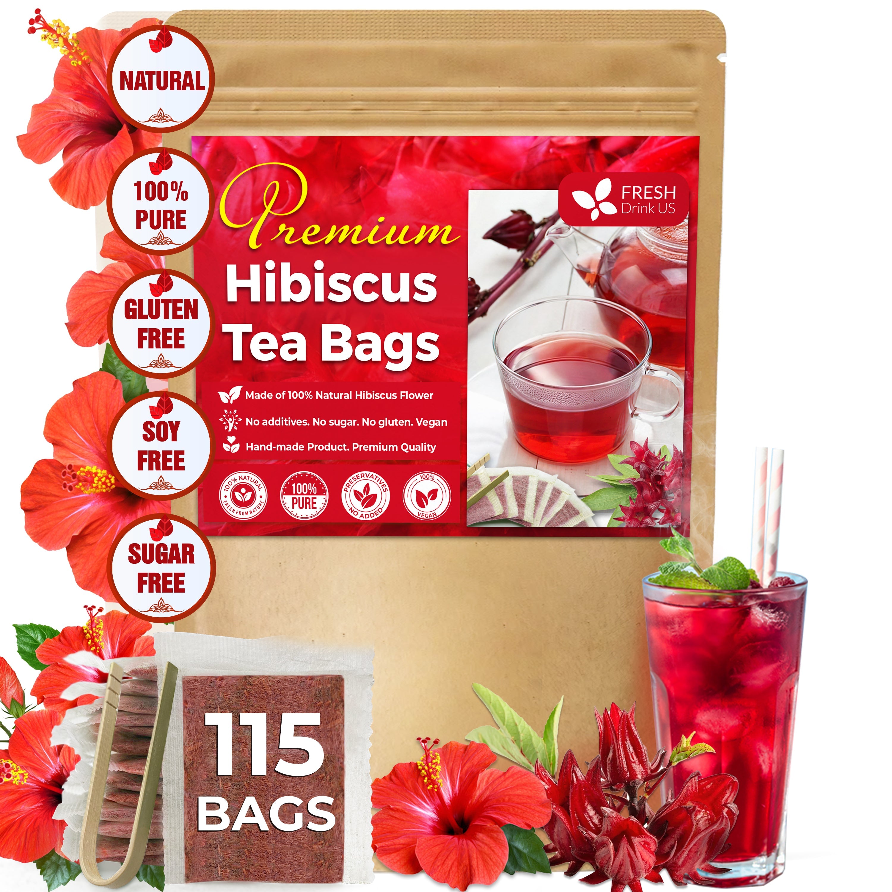 Hibiscus Dried Flowers, Tea Bags, 100% Natural, Pure from Hibiscus Flowers. Loose Flower Hibiscus Herbal Tea. Hibiscus Flower Tea. No Sugar, No Caffeine, No Gluten, Vegan.