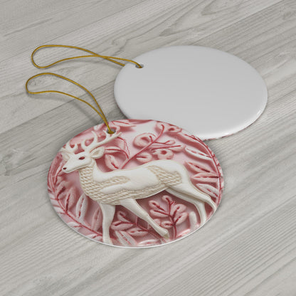 3D Embroidered Pink Christmas Deer #1 Ceramic Ornament