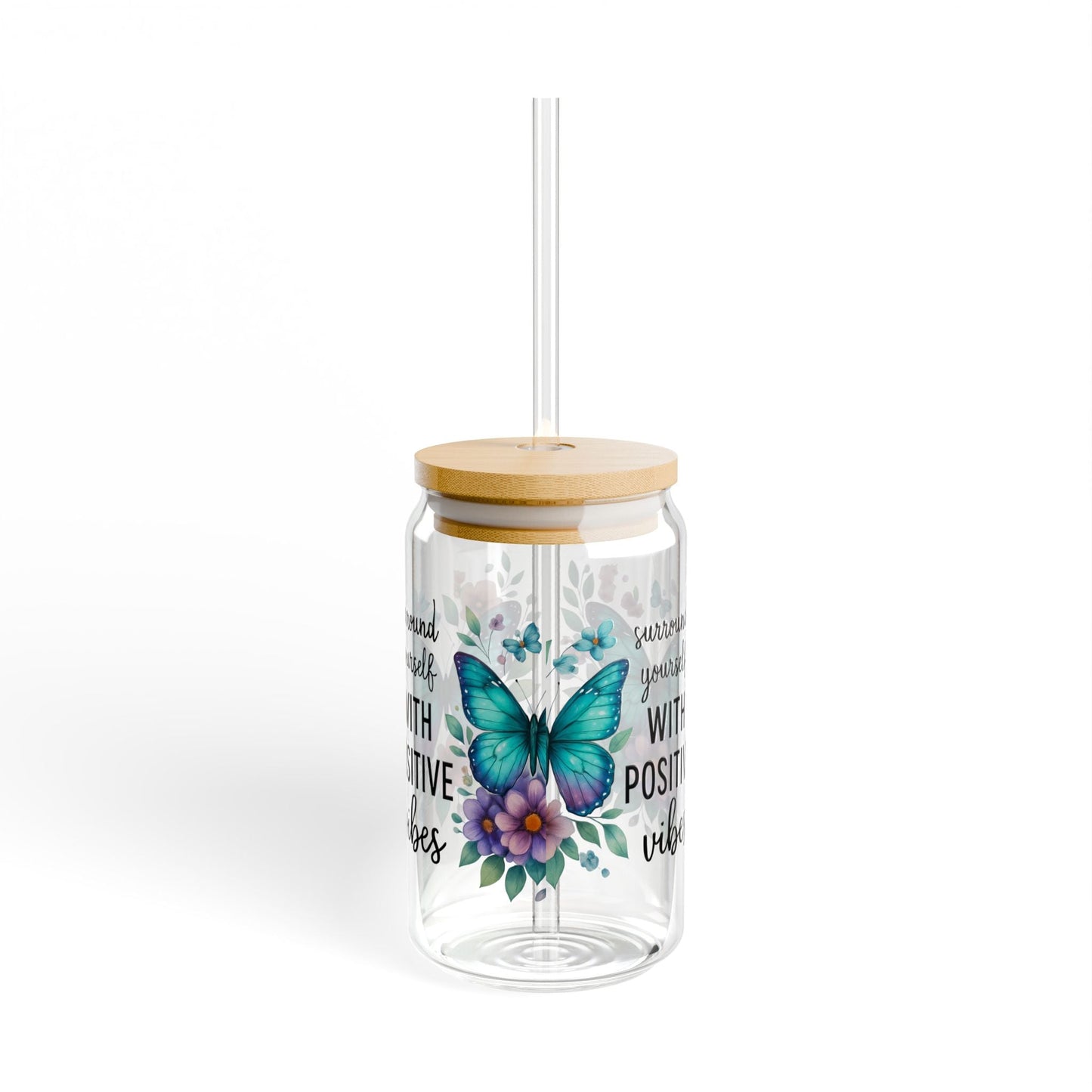 Butterfly Sipper Glass - 16oz, Positive Vibes Drinkware, Floral Glass, Eco-Friendly Tumbler, Gift for Garden Lovers, Summer Drinkware