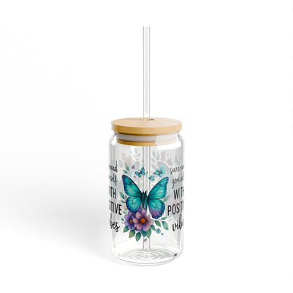 Butterfly Sipper Glass - 16oz, Positive Vibes Drinkware, Floral Glass, Eco-Friendly Tumbler, Gift for Garden Lovers, Summer Drinkware