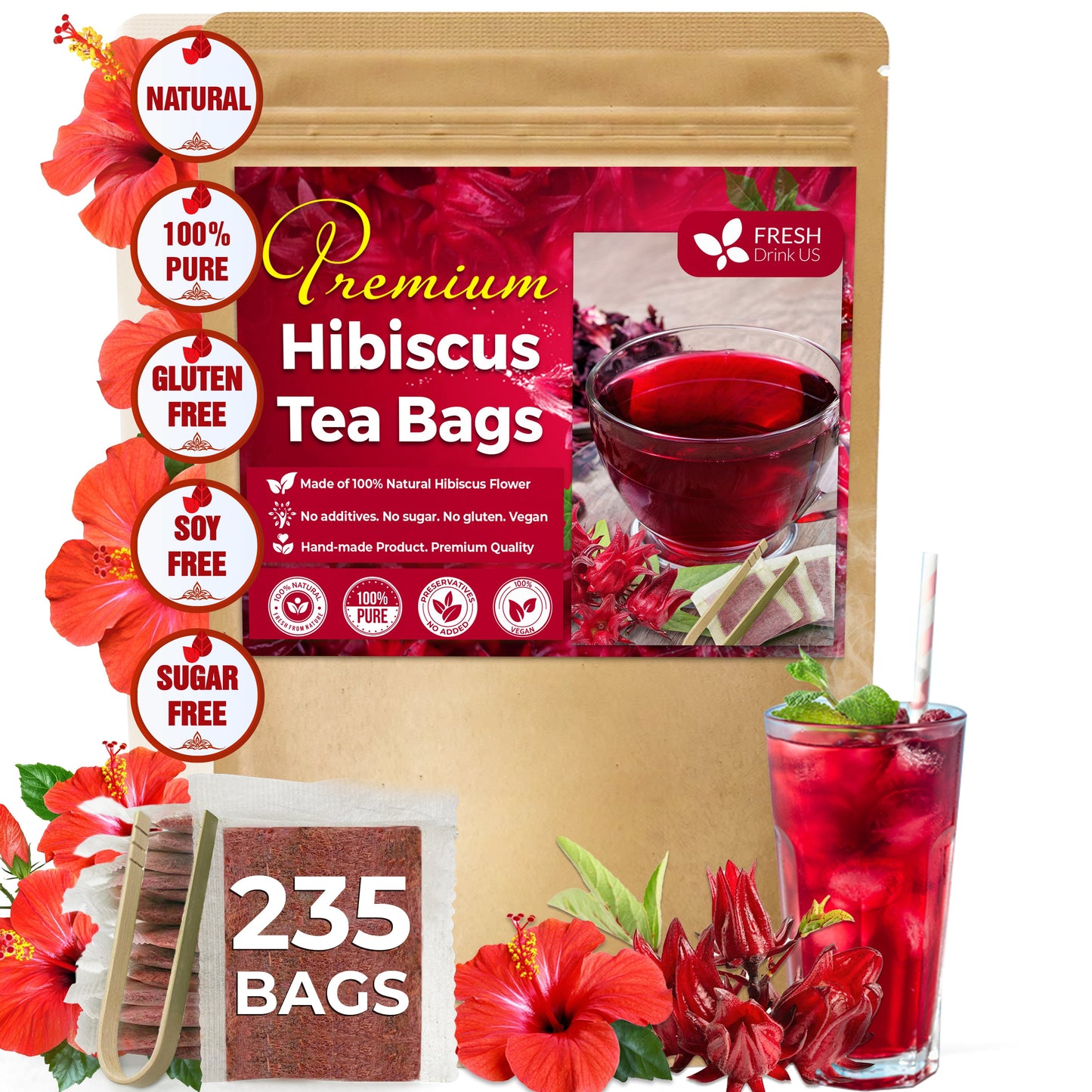 Hibiscus Dried Flowers, Tea Bags, 100% Natural, Pure from Hibiscus Flowers. Loose Flower Hibiscus Herbal Tea. Hibiscus Flower Tea. No Sugar, No Caffeine, No Gluten, Vegan.