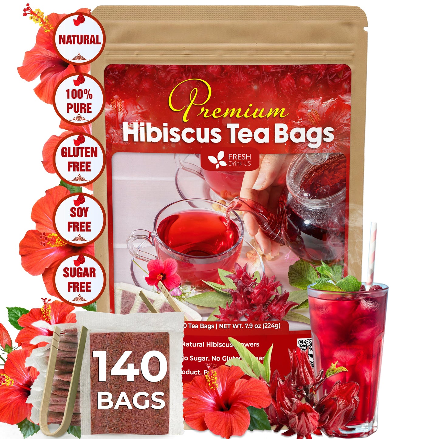 Hibiscus Dried Flowers, Tea Bags, 100% Natural, Pure from Hibiscus Flowers. Loose Flower Hibiscus Herbal Tea. Hibiscus Flower Tea. No Sugar, No Caffeine, No Gluten, Vegan.
