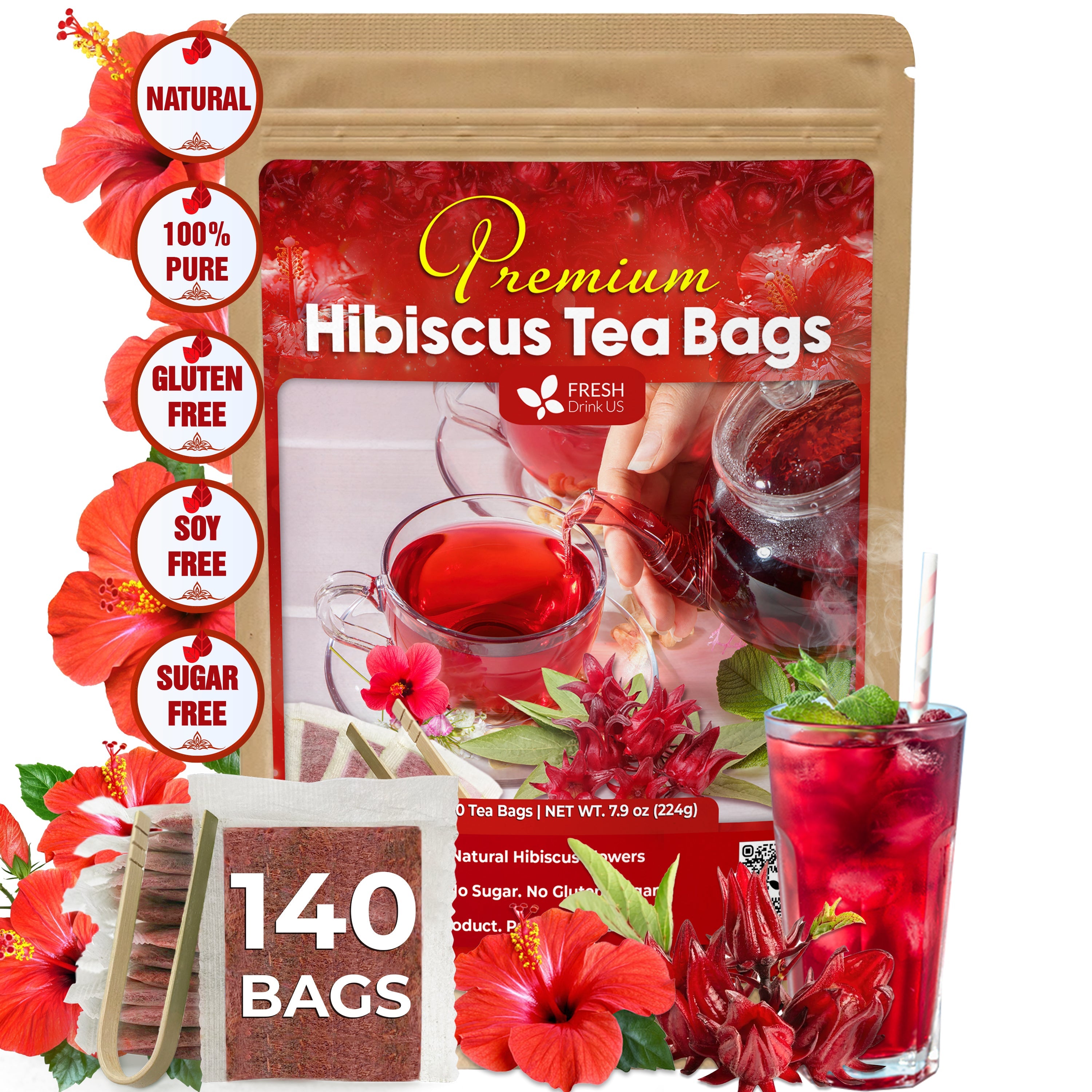 Hibiscus Dried Flowers, Tea Bags, 100% Natural, Pure from Hibiscus Flowers. Loose Flower Hibiscus Herbal Tea. Hibiscus Flower Tea. No Sugar, No Caffeine, No Gluten, Vegan.