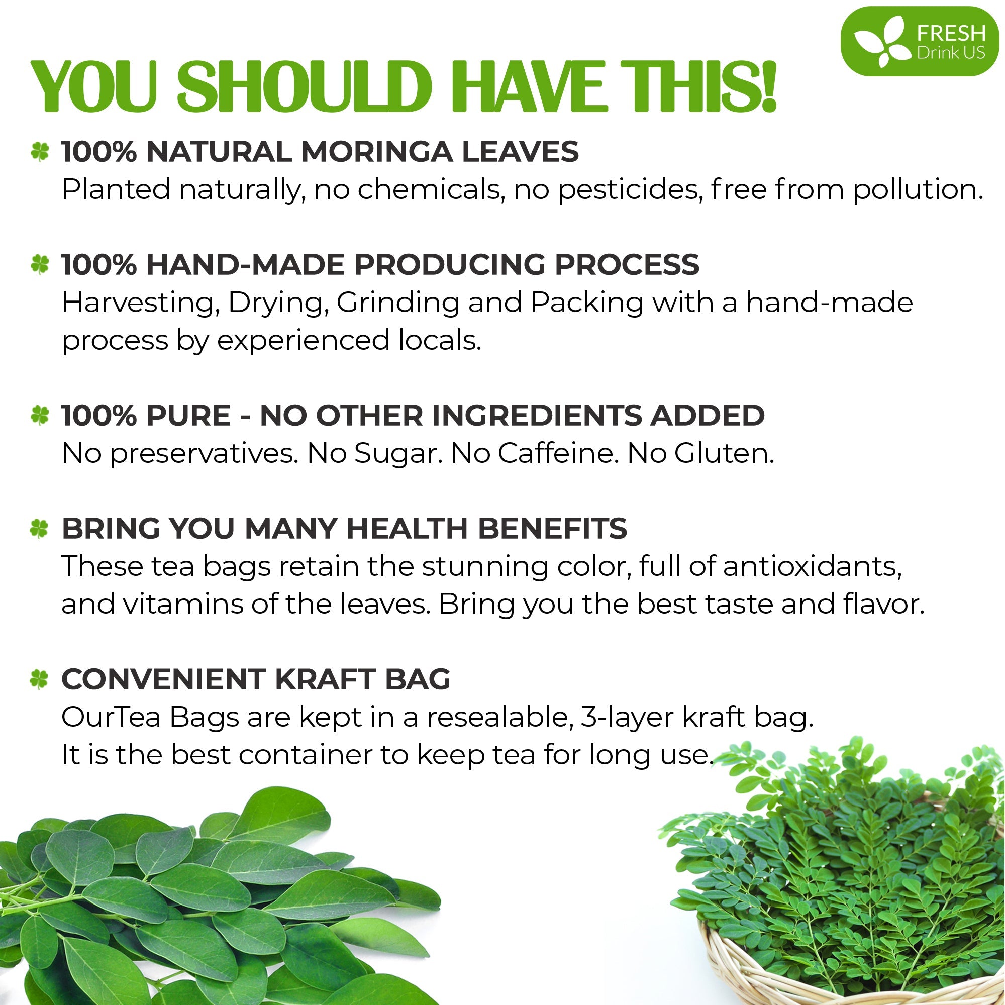 Moringa Leaf Tea Bags, 100% Natural & Pure from Moringa Leaves. Loose Leaf Moringa Herbal Tea. Moringa Leaf Tea. No Sugar, No Caffeine, No Gluten, Vegan