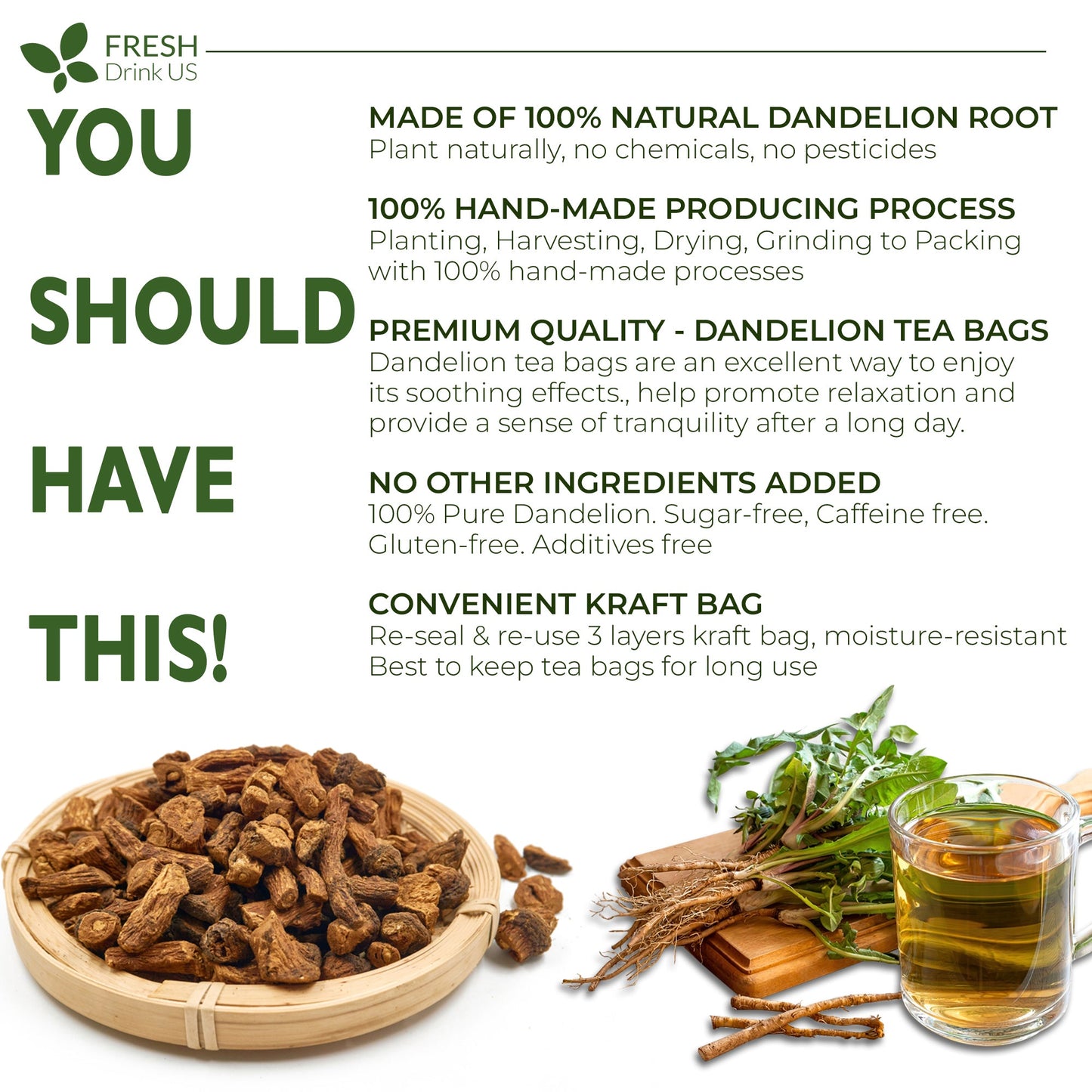 Dandelion Root Tea Bags, 100% Natural & Pure from Dandelion Root, Eco-Conscious Tea Bags, Dandelion Root Herbal Tea. Dandelion Root Tea. No Sugar, No Caffeine, No Gluten, Vegan.