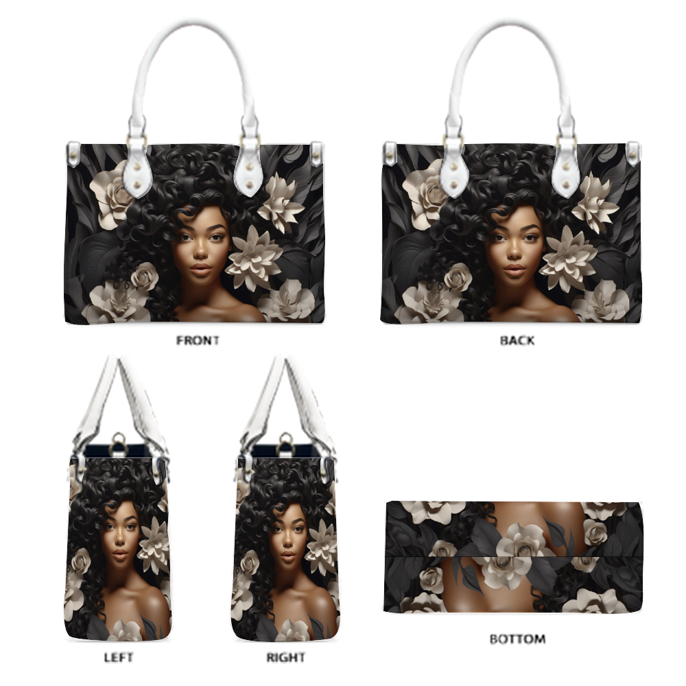 Black Women Flower Tan PU Handbag Chic and Practical Women Fashion PU Leather Tote