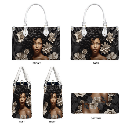 Black Women Flower Tan PU Handbag Chic and Practical Women Fashion PU Leather Tote