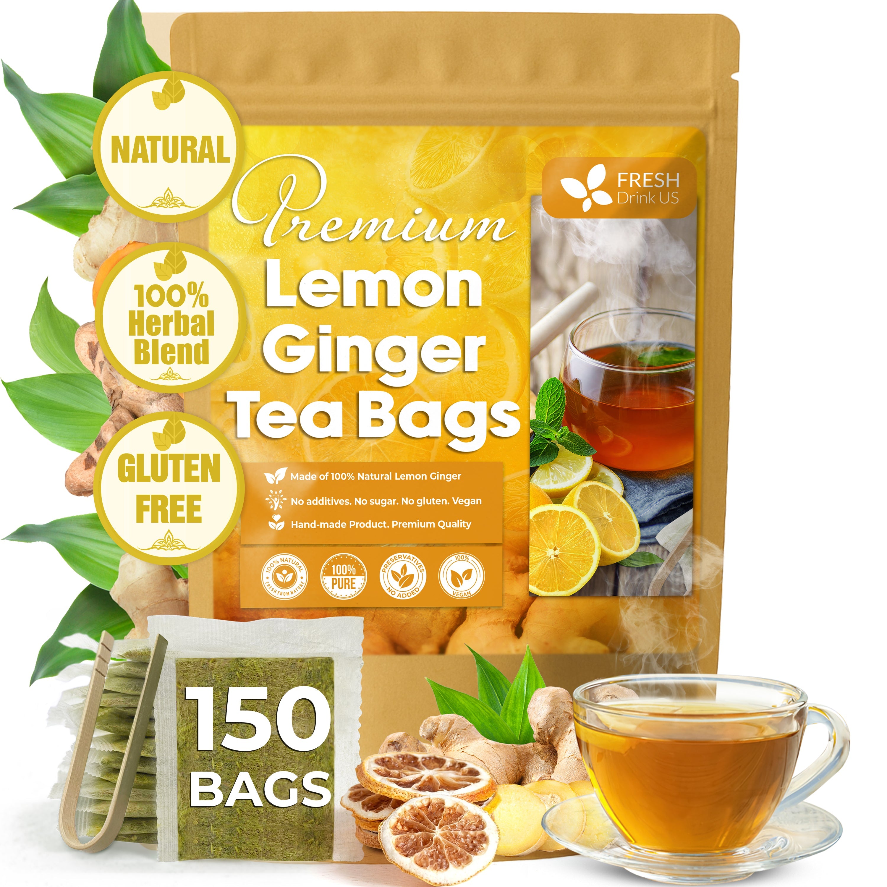 Premium Lemon Ginger Tea Bag, Eco-conscious Tea Bags. Lemon Ginger Herbal Tea. No Sugar, No Caffeine, No Gluten, Vegan.