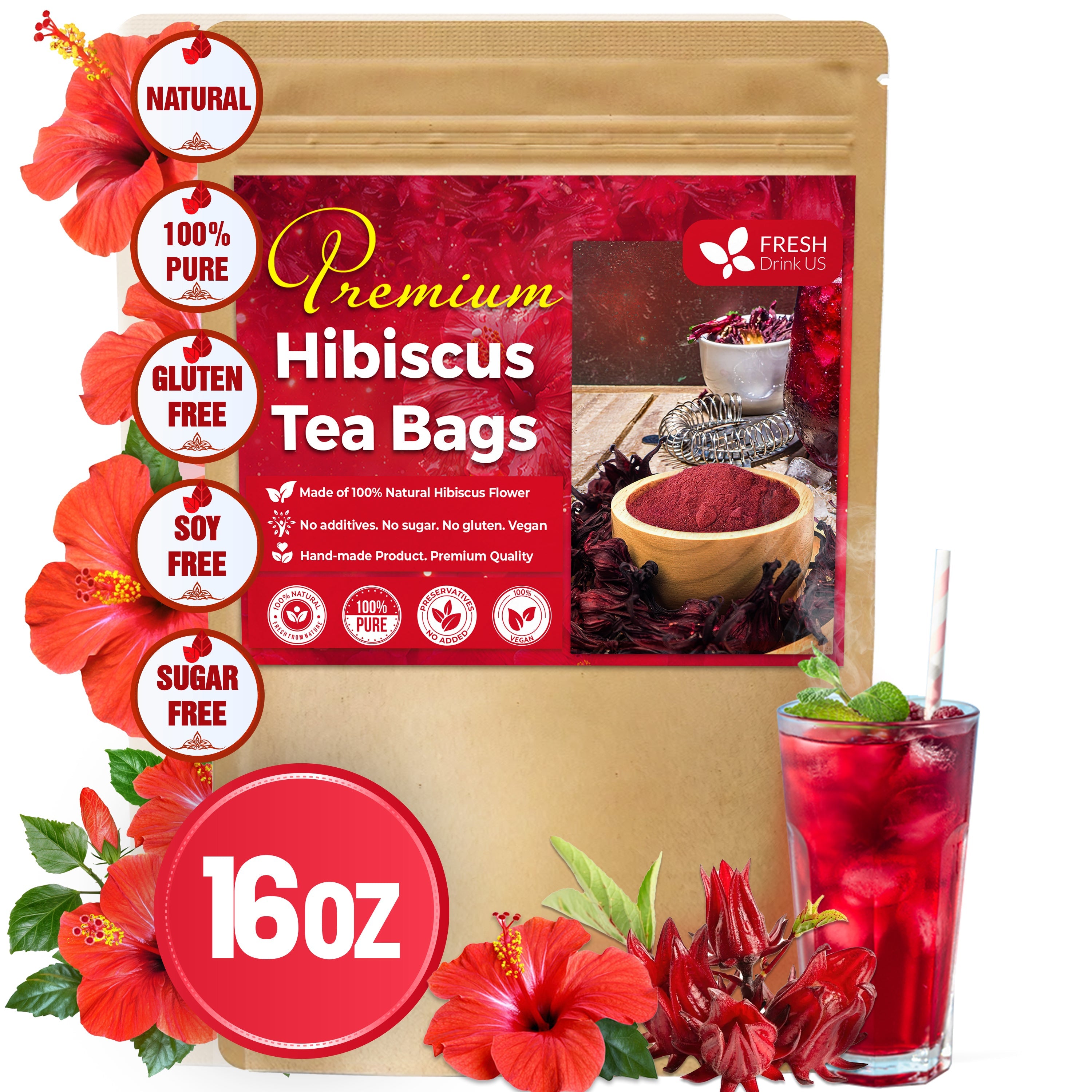 Hibiscus Dried Flowers, Tea Bags, 100% Natural, Pure from Hibiscus Flowers. Loose Flower Hibiscus Herbal Tea. Hibiscus Flower Tea. No Sugar, No Caffeine, No Gluten, Vegan.