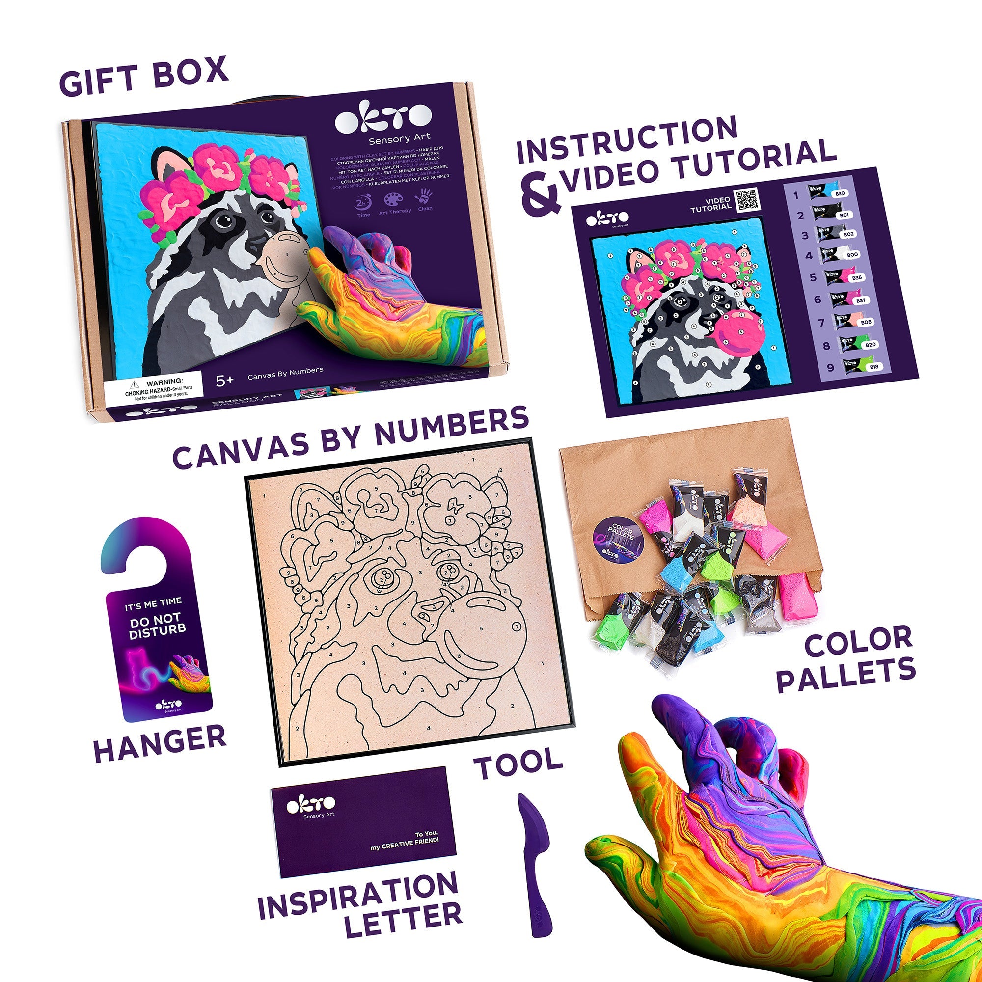 OKTO Clay-by-Numbers Kit – “Raccoon” (11.4” x 11.4”)