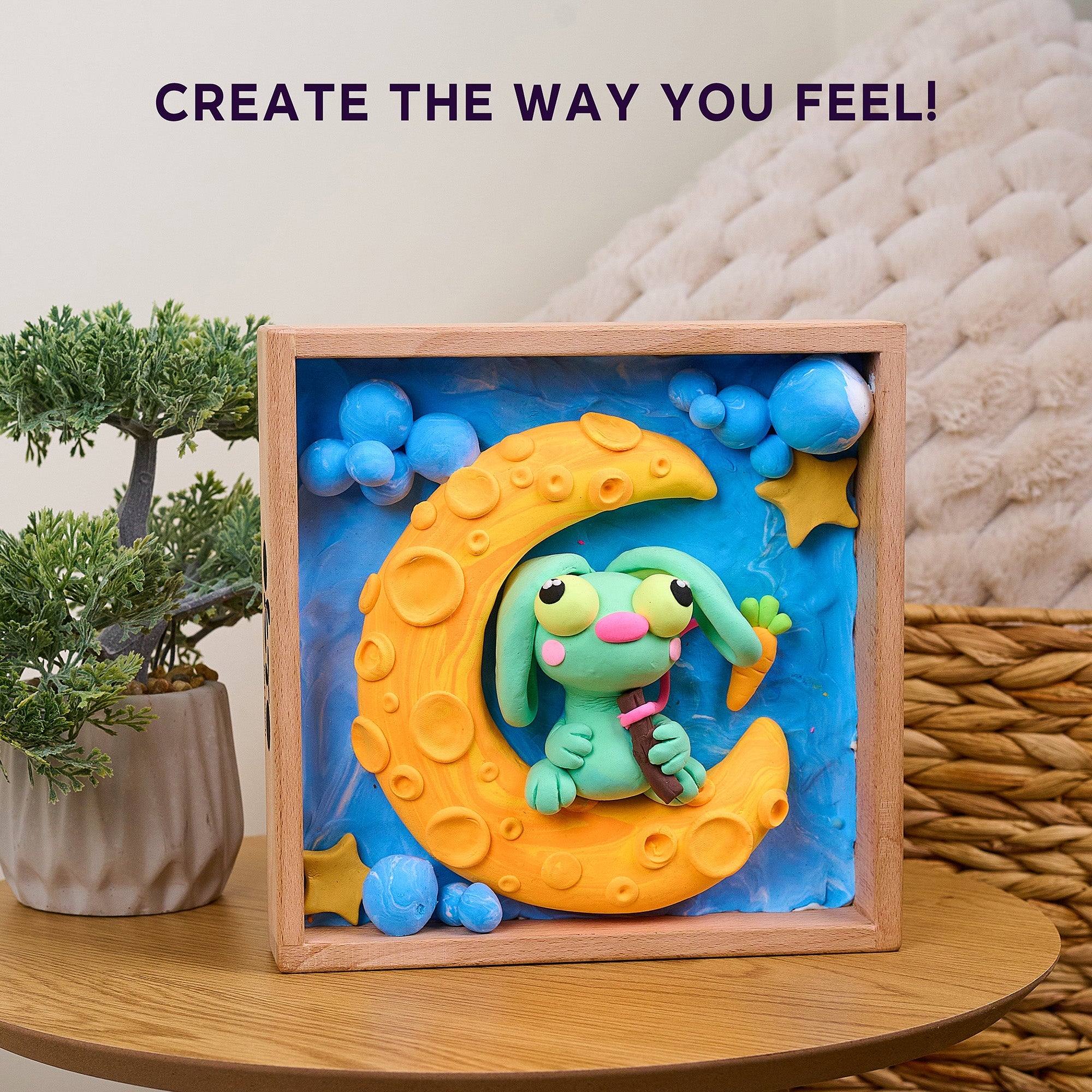 OKTO Little Worlds — Bunny on the Moon — Foam Air‑Dry Clay Wooden Art Kit (~8.3″ Square) — Ages 8+
