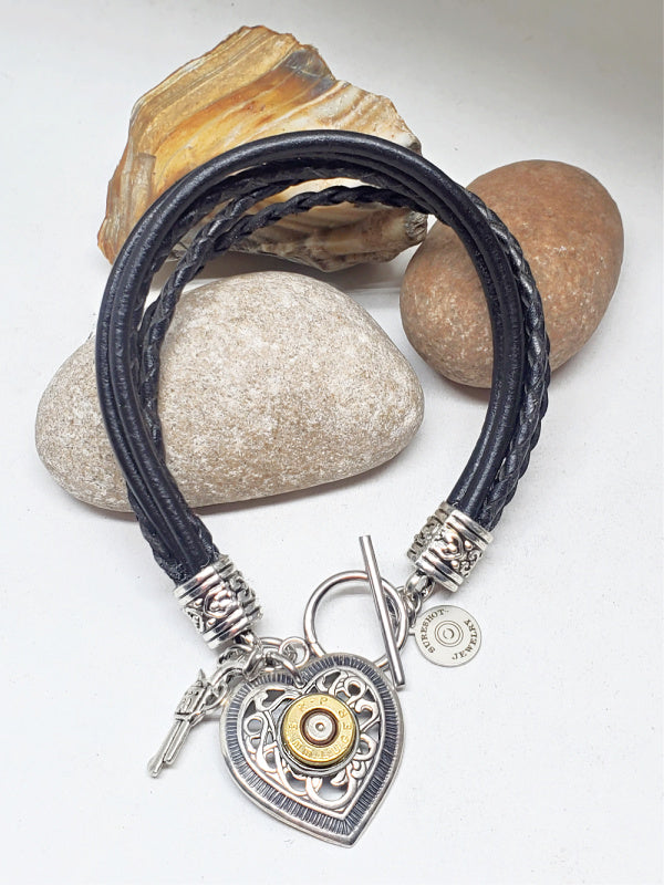 Multi-Strand Leather Heart Charm Bullet Bracelet