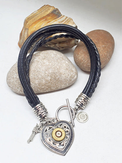 Multi-Strand Leather Heart Charm Bullet Bracelet