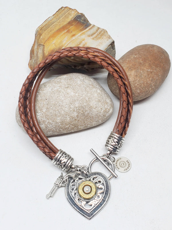 Multi-Strand Leather Heart Charm Bullet Bracelet