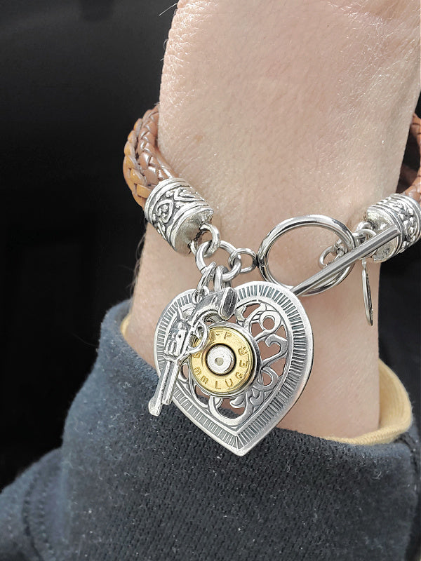 Multi-Strand Leather Heart Charm Bullet Bracelet