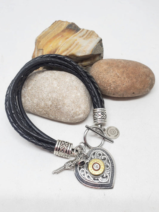 Multi-Strand Leather Heart Charm Bullet Bracelet