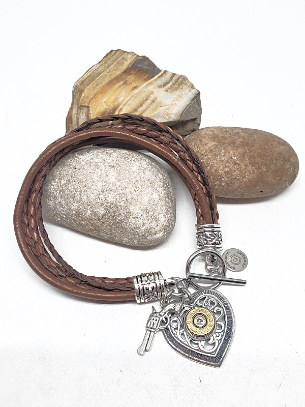 Multi-Strand Leather Heart Charm Bullet Bracelet