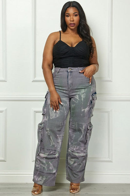 Time to Shine Grey Acid Wash High Waisted Cargo Plus Size Pants