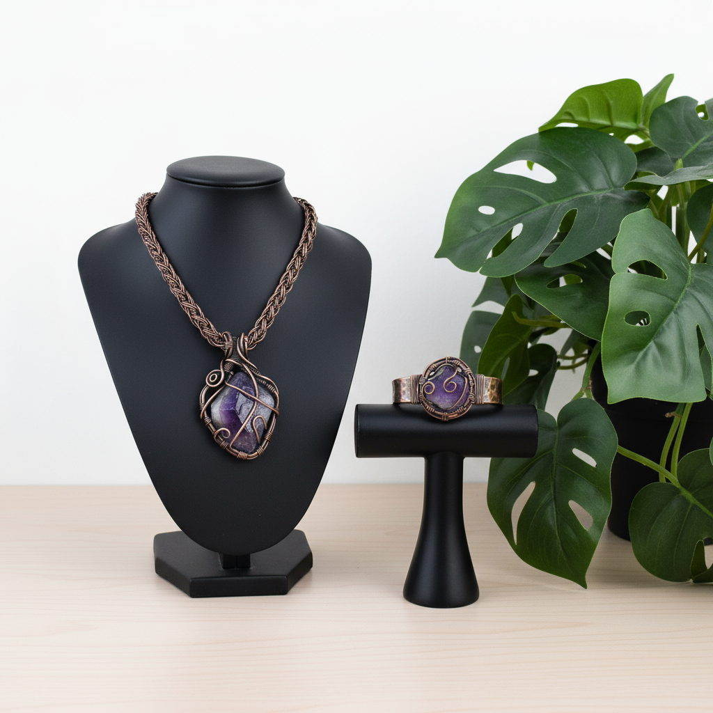 Copper Wire Wrapped Amethyst Set #3