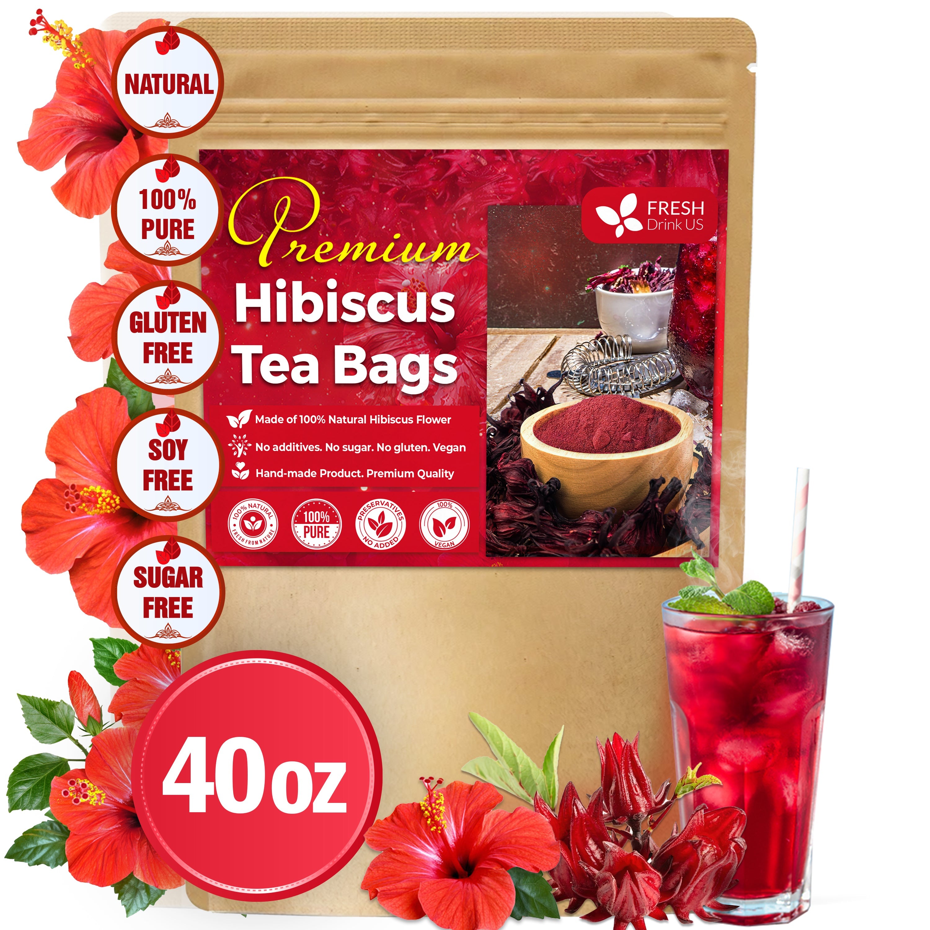 Hibiscus Dried Flowers, Tea Bags, 100% Natural, Pure from Hibiscus Flowers. Loose Flower Hibiscus Herbal Tea. Hibiscus Flower Tea. No Sugar, No Caffeine, No Gluten, Vegan.