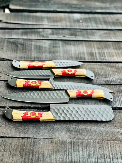 Stainless Steel Knife Set 13" – Forged Blades with Olivewood & Epoxy Handles + Leather Sheath