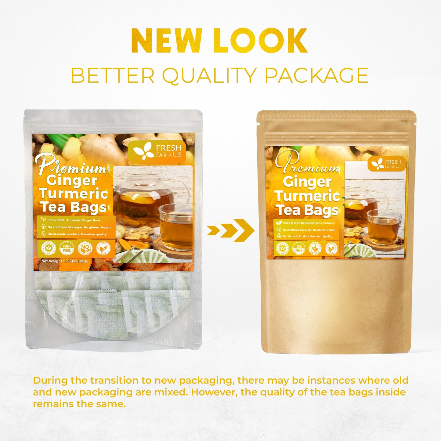 Premium Ginger Turmeric Tea Bags, Hand-made Blend of Ginger and Turmeric Herbal Tea, Eco-conscious Tea Bags. No Sugar, No Caffeine, No Gluten, Vegan.