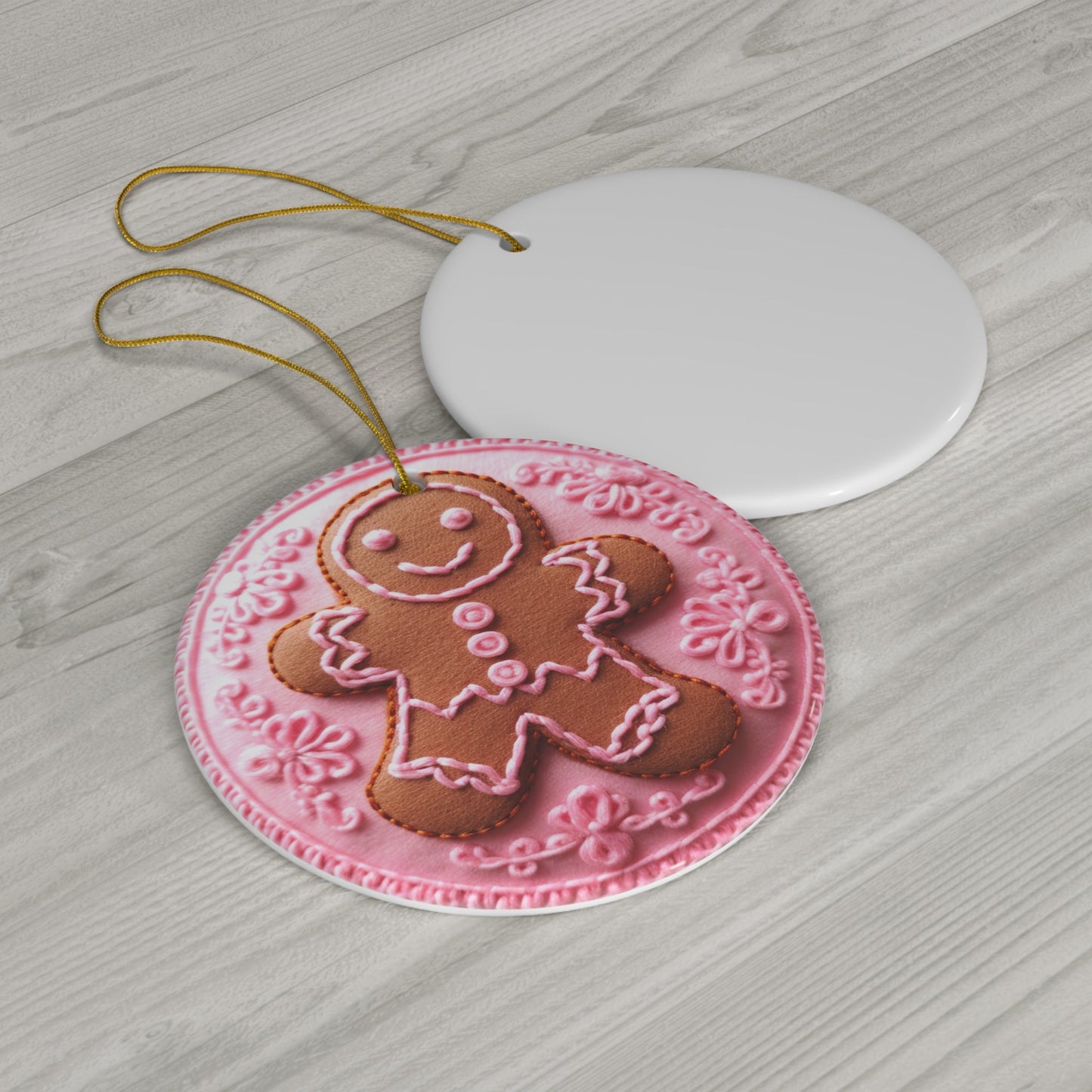 3D Embroidered Pink Christmas Gingerbread Ceramic Ornament