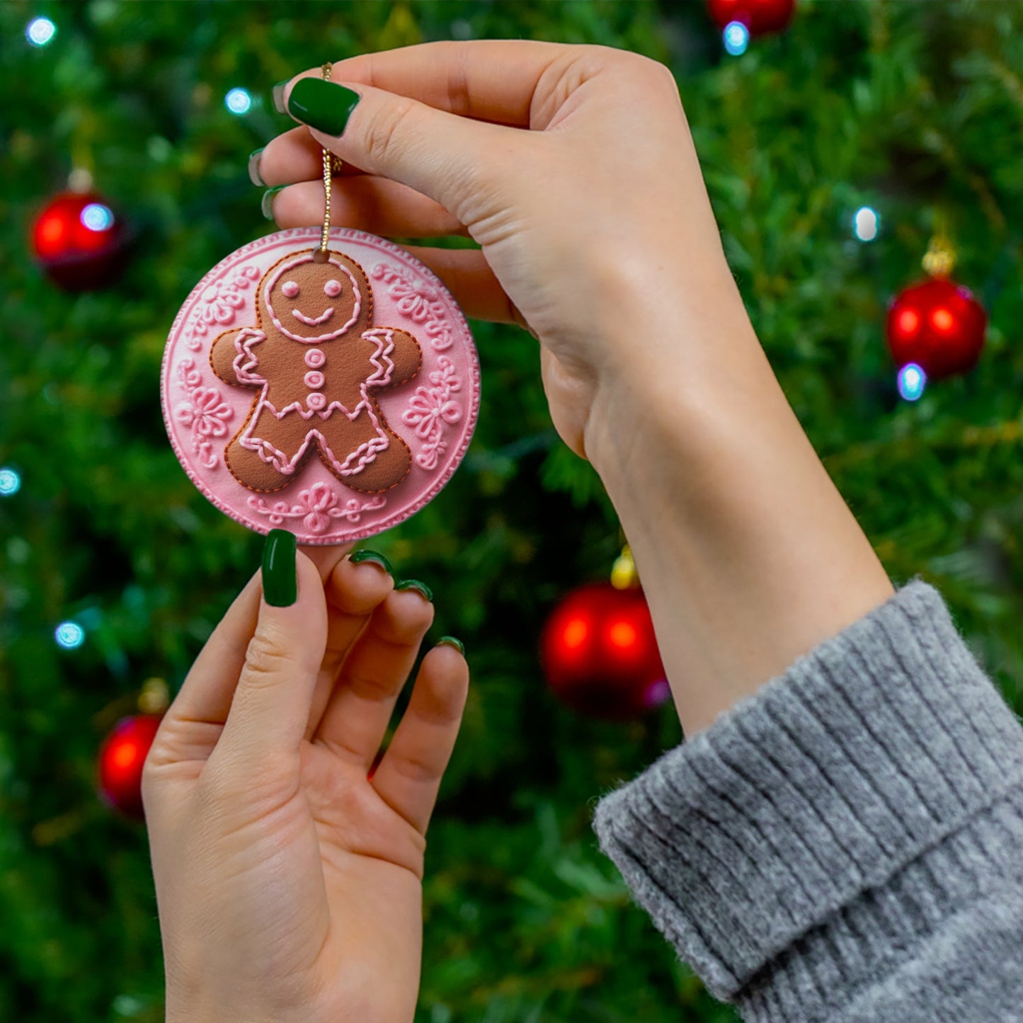 3D Embroidered Pink Christmas Gingerbread Ceramic Ornament