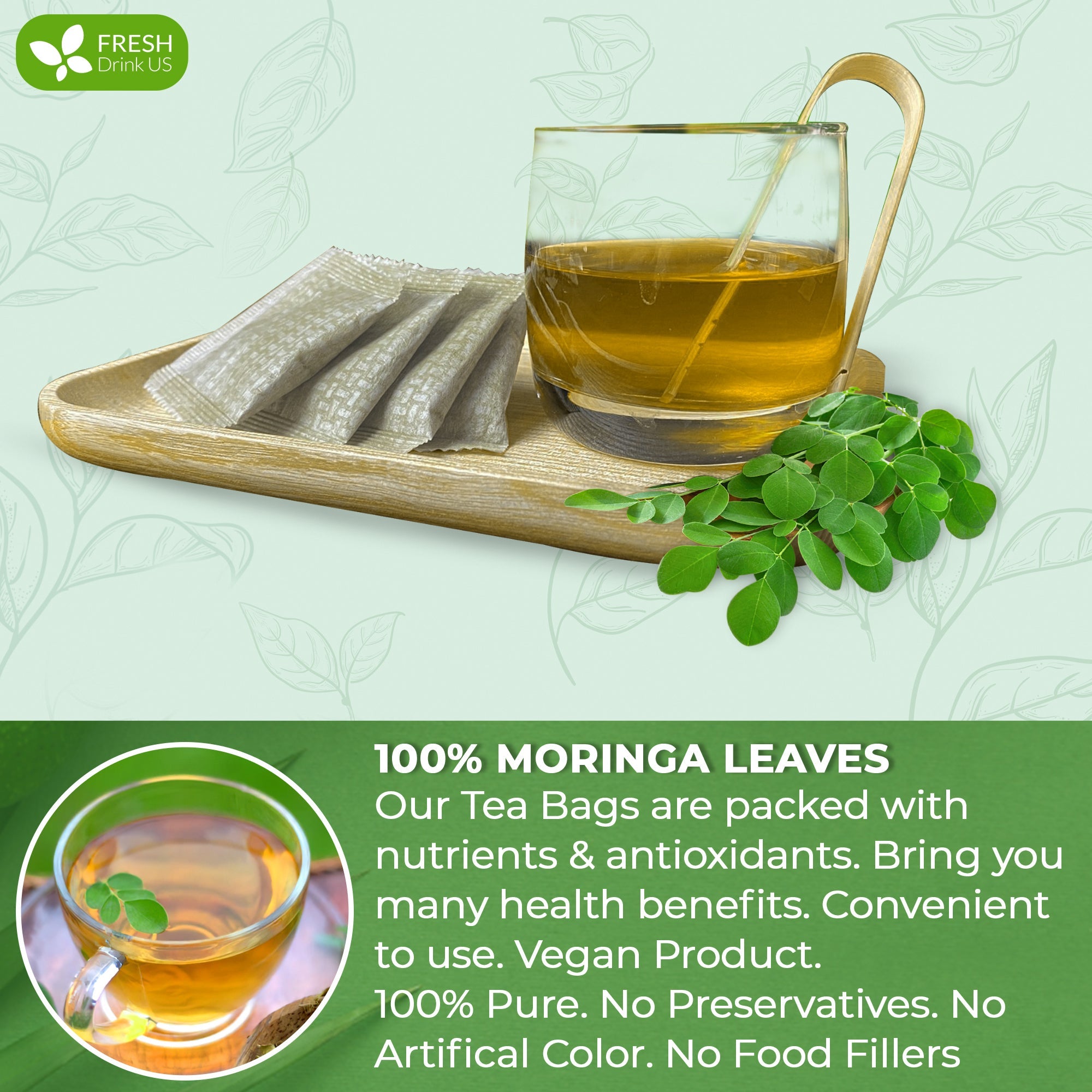 Moringa Leaf Tea Bags, 100% Natural & Pure from Moringa Leaves. Loose Leaf Moringa Herbal Tea. Moringa Leaf Tea. No Sugar, No Caffeine, No Gluten, Vegan