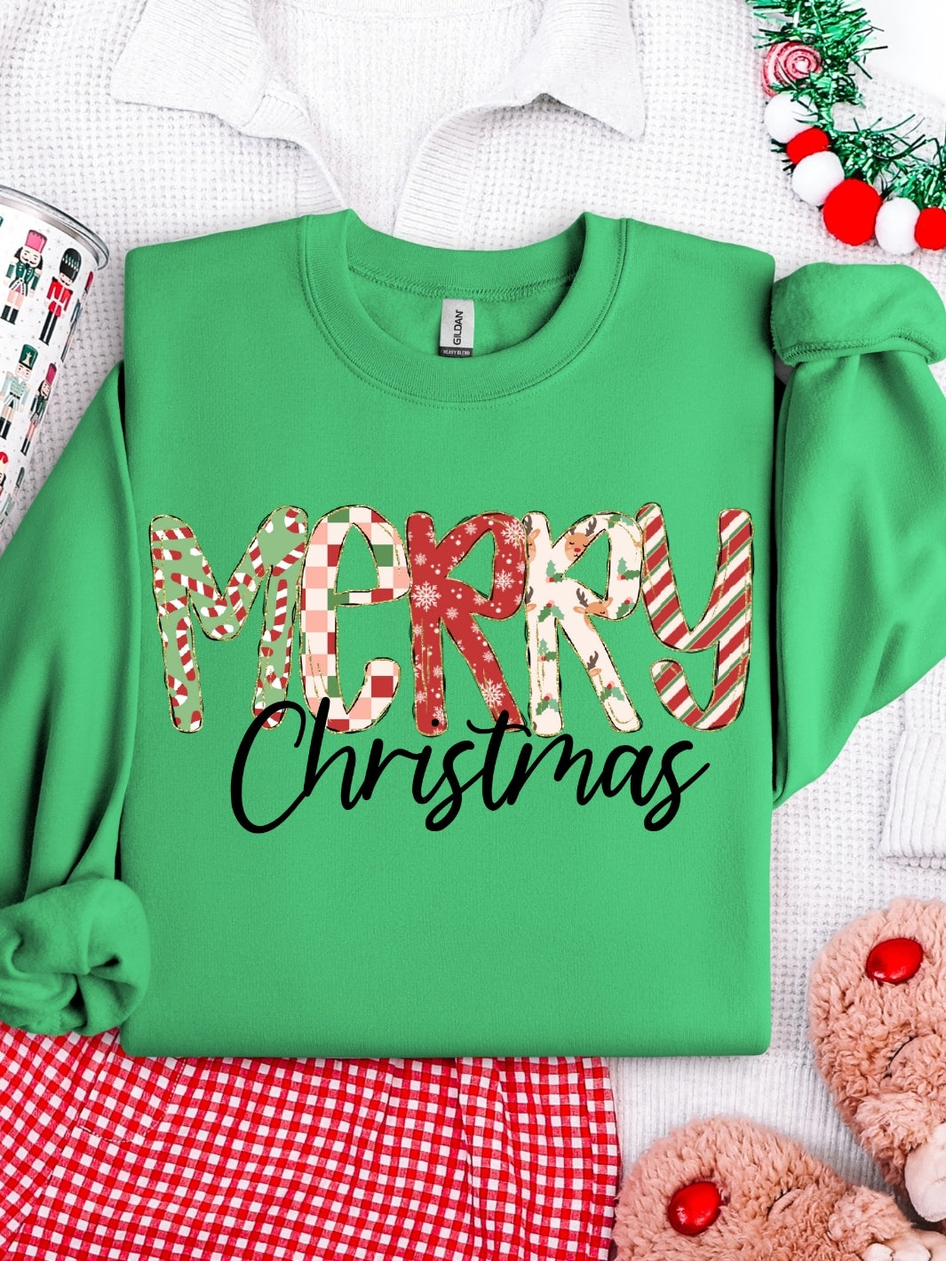 Gildan Retro Merry Christmas Plaid Sweatshirt