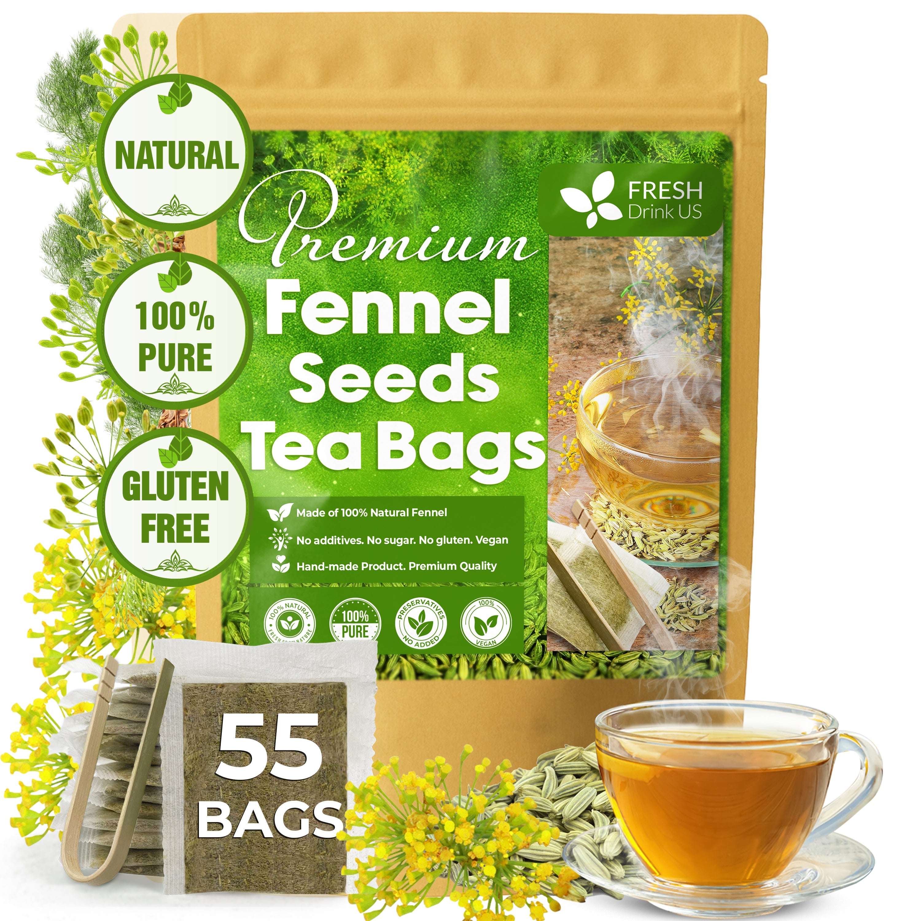 Premium Fennel Tea Bags, 100% Natural & Pure from Fennel Seeds. Fennel Seed Herbal Tea. Fennel Seed Tea. Made with Natural Material Tea Bags. No Sugar, No Caffeine, No Gluten, Vegan.