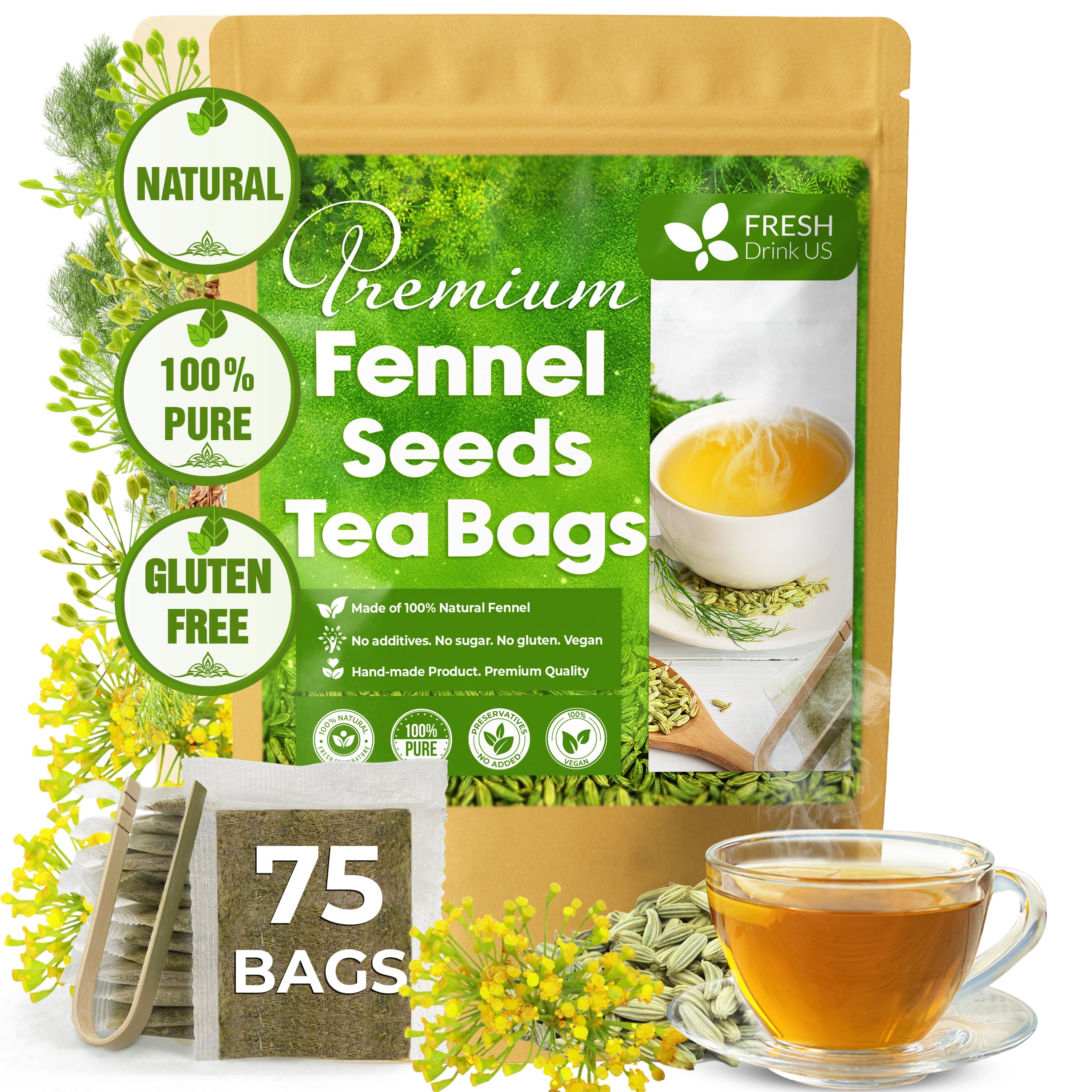 Premium Fennel Tea Bags, 100% Natural & Pure from Fennel Seeds. Fennel Seed Herbal Tea. Fennel Seed Tea. Made with Natural Material Tea Bags. No Sugar, No Caffeine, No Gluten, Vegan.