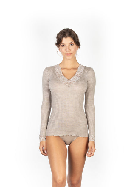 EGI Exclusive Merino Wool Blend Top V-Neck Lace Trim Long Sleeves. Proudly Made in Italy (303)